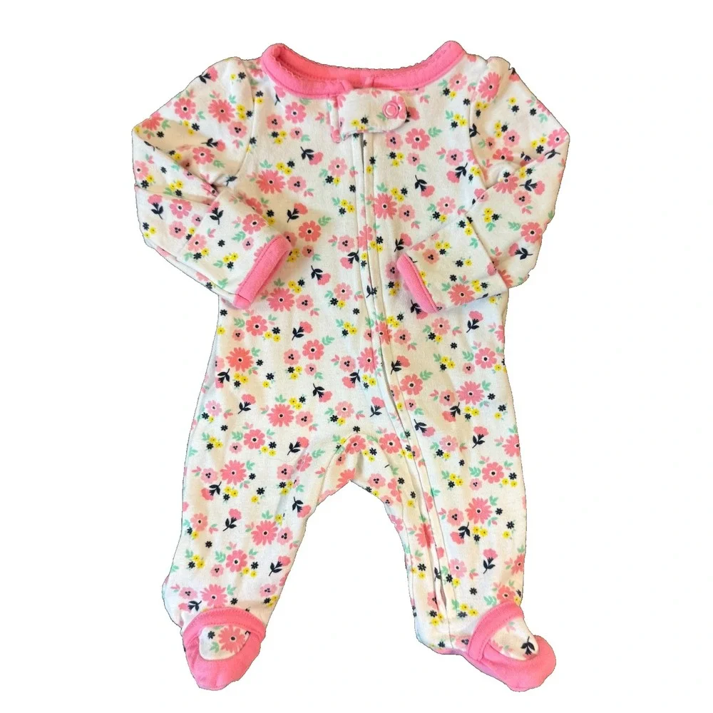 Baby Sleeper Girl Preemie Clothes Zipper Flowers Pink White Outfit One Piece